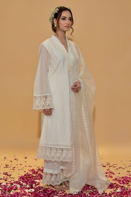 Shop_Rachit Khanna_White Chanderi Cotton, Organza Lace V-neck Pintucks Kurta Set _Online_at_Aza_Fashions