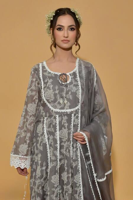Rachit Khanna_Gray Chanderi Cotton, Organza Lace, Embroidery Round Dark Grey Anarkali Set _Online_at_Aza_Fashions