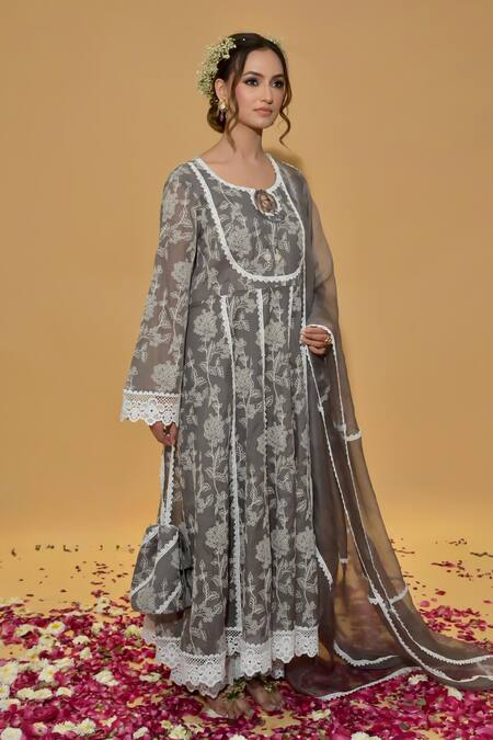 Buy_Rachit Khanna_Gray Chanderi Cotton, Organza Lace, Embroidery Round Dark Grey Anarkali Set _Online_at_Aza_Fashions