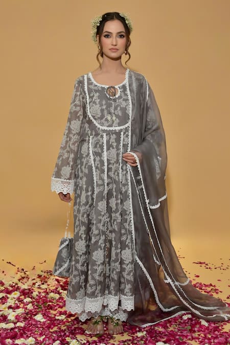 Rachit Khanna Gray Chanderi Cotton, Organza Lace, Embroidery Round Dark Grey Anarkali Set 