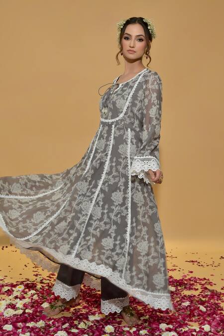 Shop_Rachit Khanna_Gray Chanderi Cotton, Organza Lace, Embroidery Round Dark Grey Anarkali Set _Online_at_Aza_Fashions