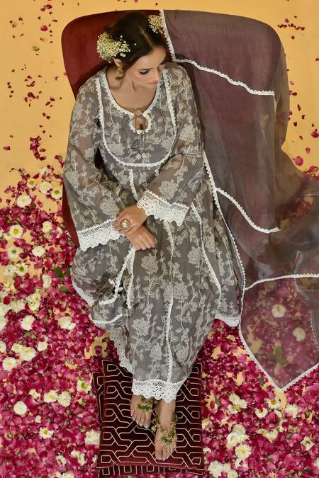 Rachit Khanna_Gray Chanderi Cotton, Organza Lace, Embroidery Round Dark Grey Anarkali Set _at_Aza_Fashions