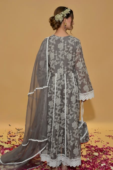 Rachit Khanna Dark Grey Embroidered Anarkali Set 