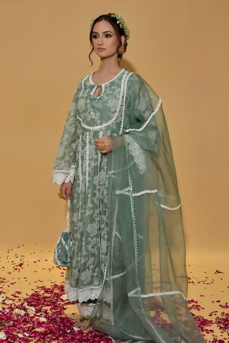 Rachit Khanna_Green Chanderi Cotton, Organza Lace, Embroidery Keyhole Forest Anarkali Set _Online_at_Aza_Fashions