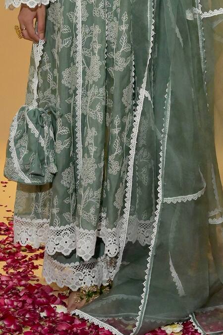 Buy_Rachit Khanna_Green Chanderi Cotton, Organza Lace, Embroidery Keyhole Forest Anarkali Set _Online_at_Aza_Fashions
