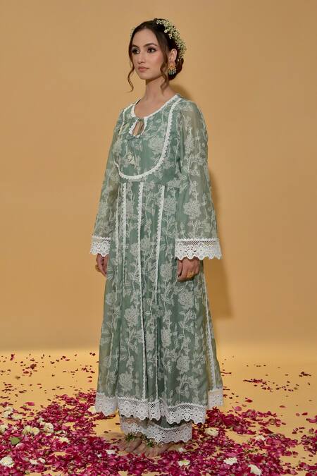 Shop_Rachit Khanna_Green Chanderi Cotton, Organza Lace, Embroidery Keyhole Forest Anarkali Set _Online_at_Aza_Fashions