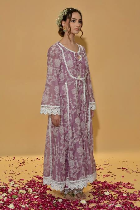 Buy_Rachit Khanna_Mauve Chanderi Cotton, Organza Embroidery, Lace Round Neck Anarkali Suit Set _Online_at_Aza_Fashions