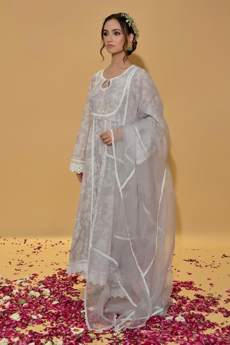 Buy_Rachit Khanna_Gray Chanderi Cotton, Organza Lace Round Light Grey Embroidered Anarkali Suit _Online_at_Aza_Fashions