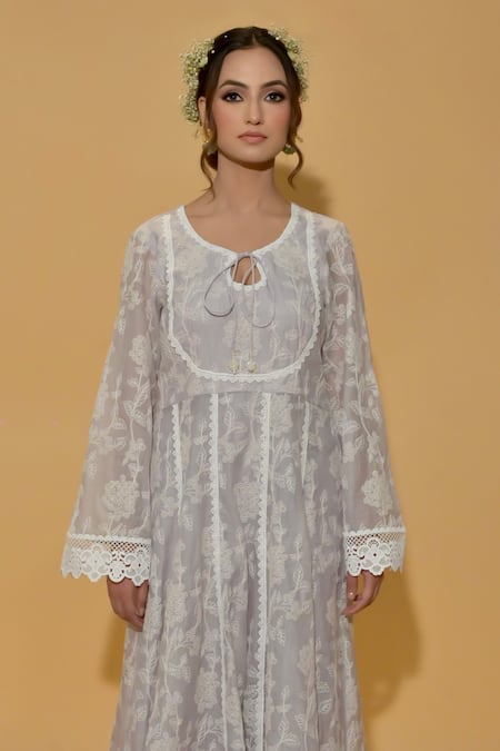 Rachit Khanna_Gray Chanderi Cotton, Organza Lace Round Light Grey Embroidered Anarkali Suit _at_Aza_Fashions