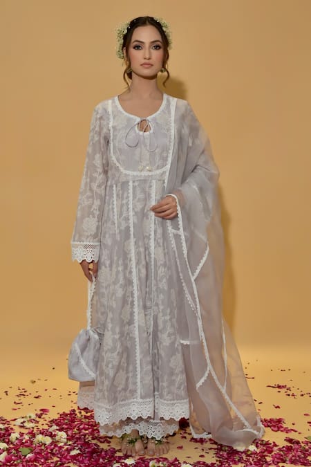 Rachit Khanna Gray Chanderi Cotton, Organza Lace Round Light Grey Embroidered Anarkali Suit 