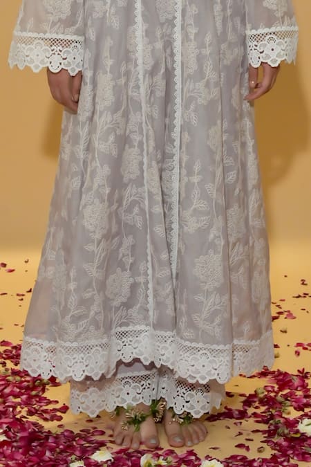 Shop_Rachit Khanna_Gray Chanderi Cotton, Organza Lace Round Light Grey Embroidered Anarkali Suit 