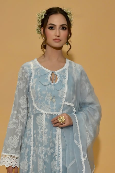 Rachit Khanna_Blue Chanderi Cotton, Organza Lace, Embroidery Round Cerulean Anarkali Suit _Online_at_Aza_Fashions
