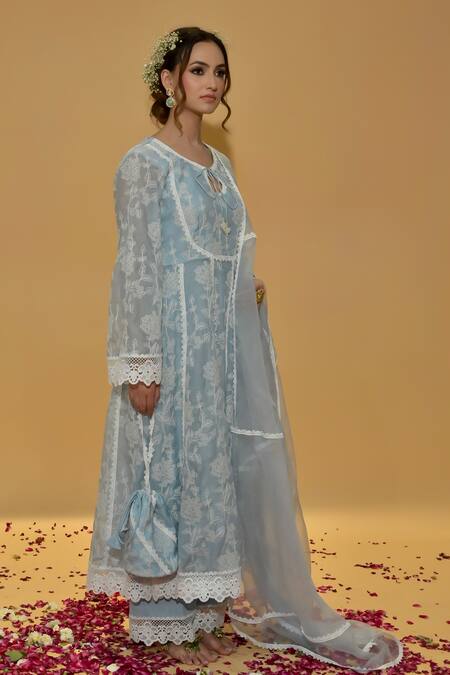 Buy_Rachit Khanna_Blue Chanderi Cotton, Organza Lace, Embroidery Round Cerulean Anarkali Suit _Online_at_Aza_Fashions