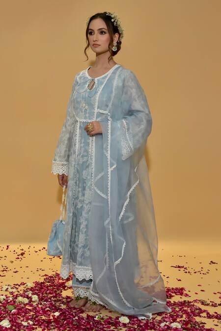 Shop_Rachit Khanna_Blue Chanderi Cotton, Organza Lace, Embroidery Round Cerulean Anarkali Suit _Online_at_Aza_Fashions