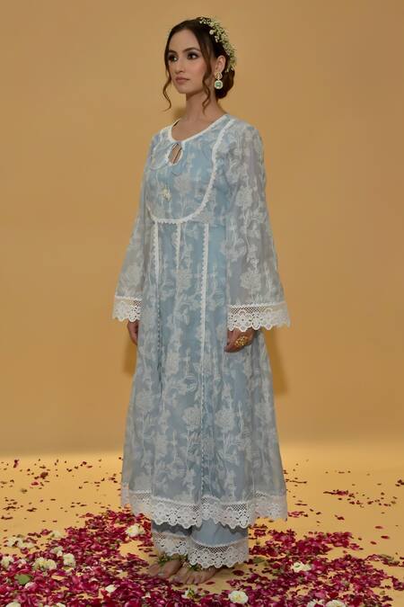 Rachit Khanna_Blue Chanderi Cotton, Organza Lace, Embroidery Round Cerulean Anarkali Suit _at_Aza_Fashions