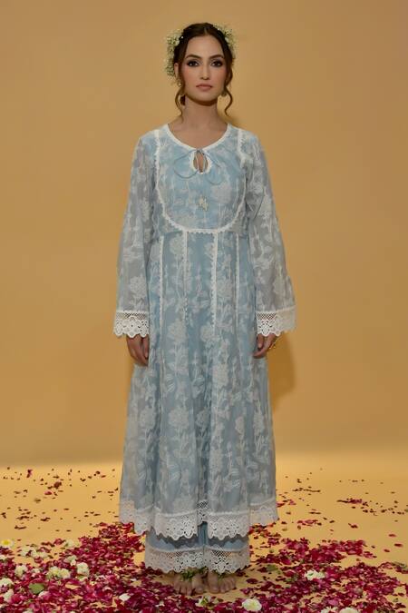 Buy_Rachit Khanna_Blue Chanderi Cotton, Organza Lace, Embroidery Round Cerulean Anarkali Suit 