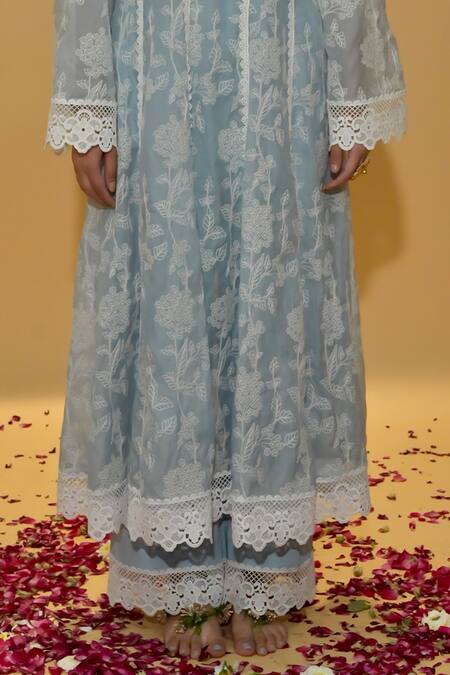 Shop_Rachit Khanna_Blue Chanderi Cotton, Organza Lace, Embroidery Round Cerulean Anarkali Suit 