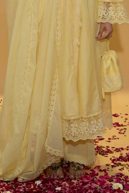 Buy_Rachit Khanna_Yellow Cotton, Kota Doria Lace V-neck Angrakha Anarkali Set _Online_at_Aza_Fashions