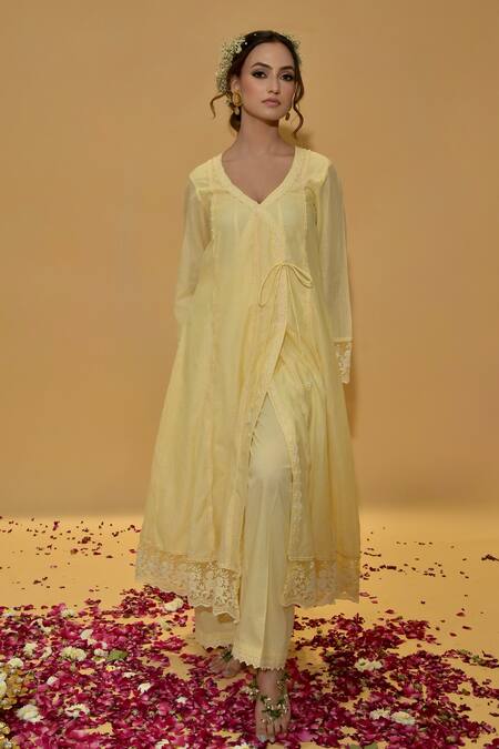 Shop_Rachit Khanna_Yellow Cotton, Kota Doria Lace V-neck Angrakha Anarkali Set _Online_at_Aza_Fashions
