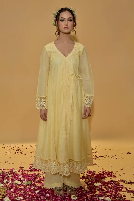 Rachit Khanna_Yellow Cotton, Kota Doria Lace V-neck Angrakha Anarkali Set _at_Aza_Fashions