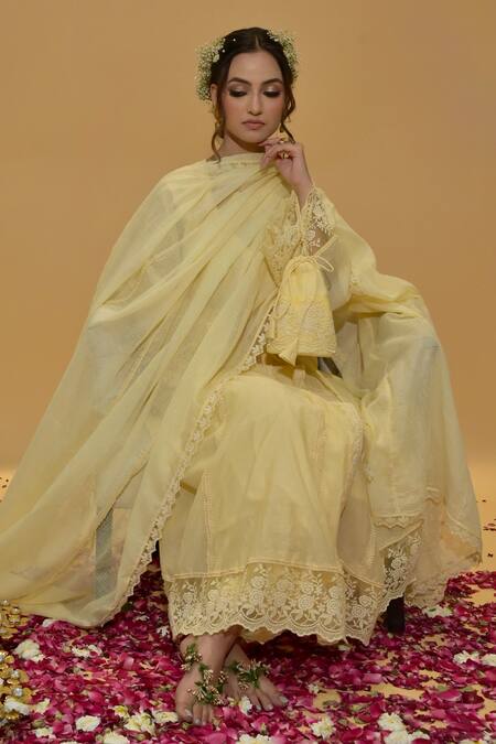 Buy_Rachit Khanna_Yellow Cotton, Kota Doria Lace V-neck Angrakha Anarkali Set 