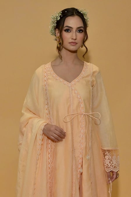 Rachit Khanna_Peach Cotton, Kota Doria Lace Round Neck Angrakha Anarkali Set _Online_at_Aza_Fashions