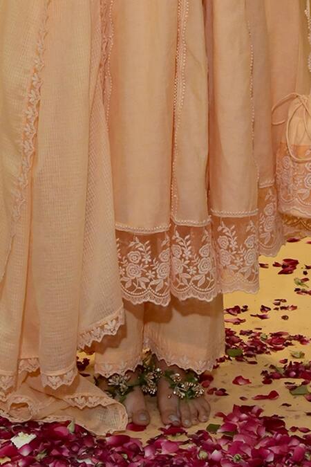 Buy_Rachit Khanna_Peach Cotton, Kota Doria Lace Round Neck Angrakha Anarkali Set _Online_at_Aza_Fashions