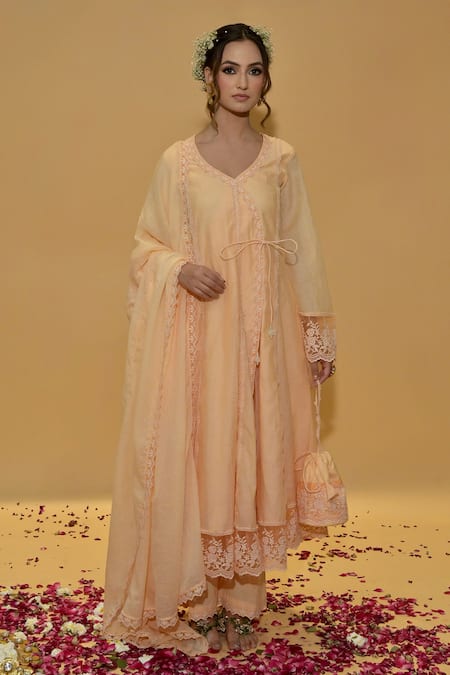 Rachit Khanna Peach Cotton, Kota Doria Lace Round Neck Angrakha Anarkali Set 