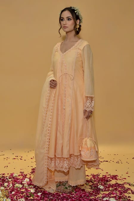 Shop_Rachit Khanna_Peach Cotton, Kota Doria Lace Round Neck Angrakha Anarkali Set _Online_at_Aza_Fashions