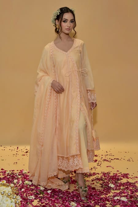 Rachit Khanna_Peach Cotton, Kota Doria Lace Round Neck Angrakha Anarkali Set _at_Aza_Fashions