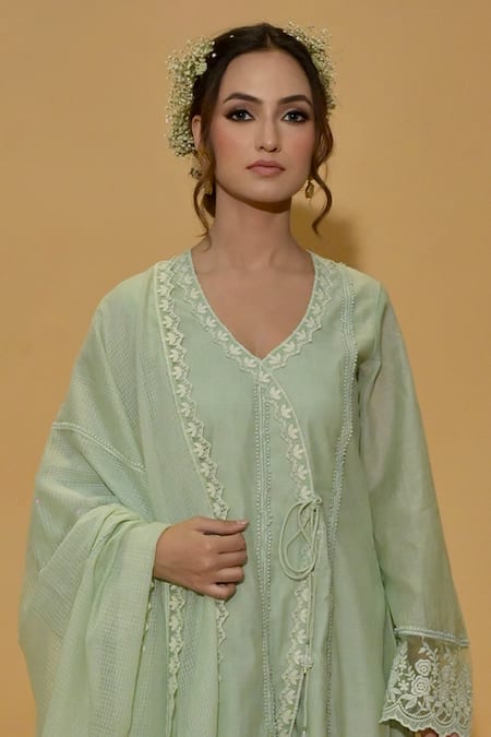 Rachit Khanna_Green Cotton, Kota Doria Lace V-neck Sage Angrakha Anarkali Set _Online_at_Aza_Fashions