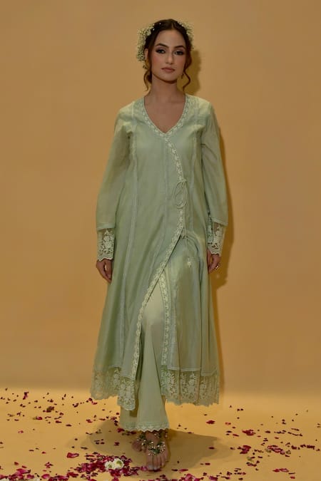 Buy_Rachit Khanna_Green Cotton, Kota Doria Lace V-neck Sage Angrakha Anarkali Set _Online_at_Aza_Fashions