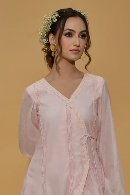 Rachit Khanna_Pink Cotton, Kota Doria Lace V-neck Angrakha Anarkali Set _Online_at_Aza_Fashions