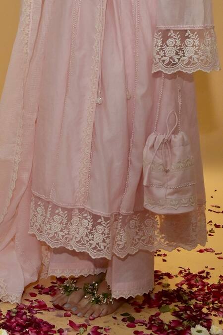 Buy_Rachit Khanna_Pink Cotton, Kota Doria Lace V-neck Angrakha Anarkali Set _Online_at_Aza_Fashions