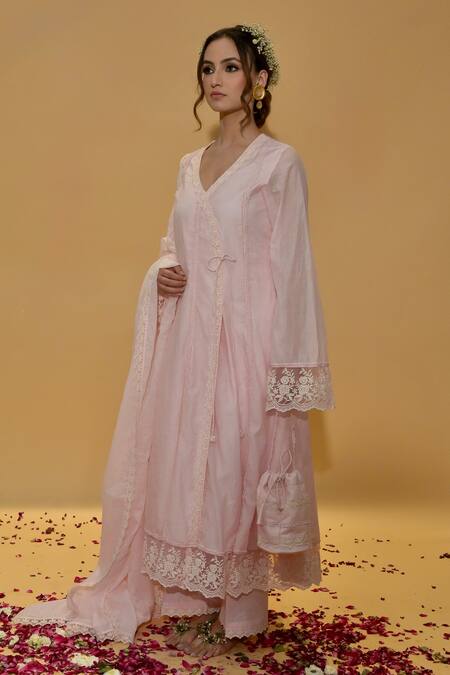 Shop_Rachit Khanna_Pink Cotton, Kota Doria Lace V-neck Angrakha Anarkali Set _Online_at_Aza_Fashions