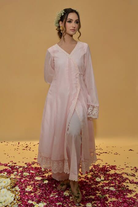 Rachit Khanna_Pink Cotton, Kota Doria Lace V-neck Angrakha Anarkali Set _at_Aza_Fashions