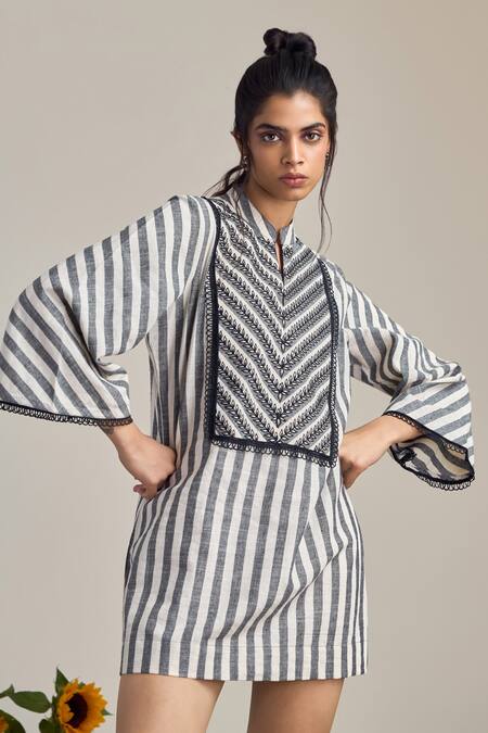 Maisolos_Ivory Cotton Embroidery Mandarin Collar And Black Striped Designer Dress _Online_at_Aza_Fashions