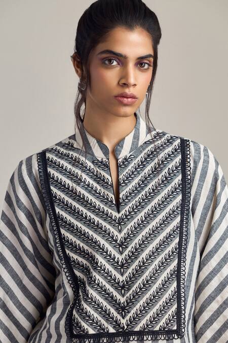 Buy_Maisolos_Ivory Cotton Embroidery Mandarin Collar And Black Striped Designer Dress _Online_at_Aza_Fashions