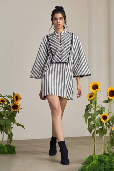 MAISOLOS Ivory Cotton Embroidery Mandarin Collar And Black Striped Designer Dress 