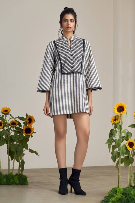 Shop_Maisolos_Ivory Cotton Embroidery Mandarin Collar And Black Striped Designer Dress _Online_at_Aza_Fashions