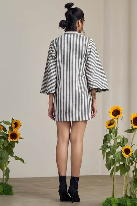 Shop_Maisolos_Ivory Cotton Embroidery Mandarin Collar And Black Striped Designer Dress _at_Aza_Fashions