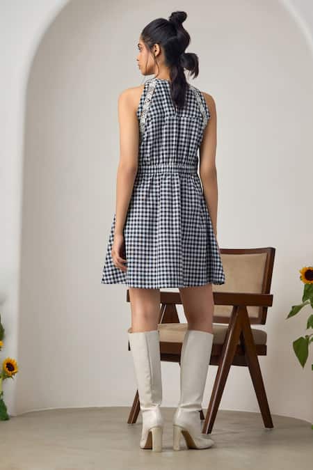 Shop_Maisolos_Black Cotton Lace Halter Neck And White Gingham Designer Dress _at_Aza_Fashions