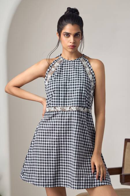 Maisolos_Black Cotton Lace Halter Neck And White Gingham Designer Dress _Online_at_Aza_Fashions