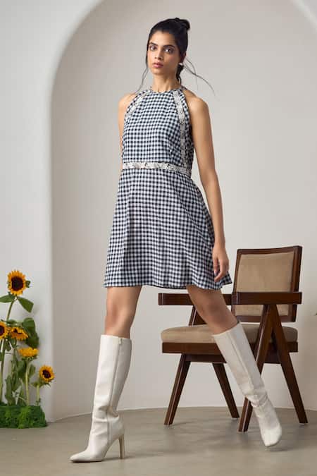 MAISOLOS Black Cotton Lace Halter Neck And White Gingham Designer Dress 