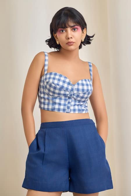 Shop_Maisolos_Navy Jersey, Cotton Embroidery Collared, Sweetheart Neck Blue Shirt And Shorts Set _Online_at_Aza_Fashions