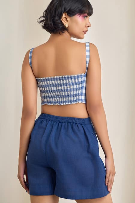 Maisolos_Navy Jersey, Cotton Embroidery Collared, Sweetheart Neck Blue Shirt And Shorts Set _at_Aza_Fashions