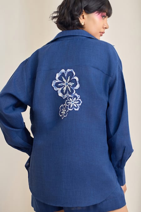 Shop_Maisolos_Navy Jersey, Cotton Embroidery Collared, Sweetheart Neck Blue Shirt And Shorts Set _at_Aza_Fashions