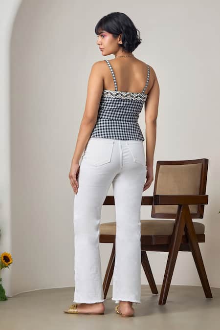 Shop_Maisolos_Black Cotton Sweetheart Neck And White Gingham Corset Top _at_Aza_Fashions