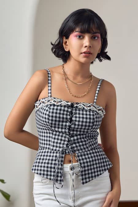 MAISOLOS Black Cotton Sweetheart Neck And White Gingham Corset Top 