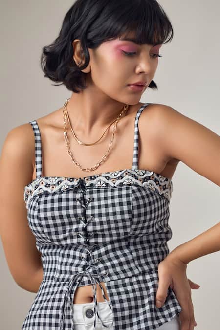 Maisolos_Black Cotton Sweetheart Neck And White Gingham Corset Top _Online_at_Aza_Fashions